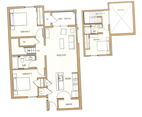 A floor plan of a house with three bedrooms, a living room, a kitchen, a bath, and a laundry area.